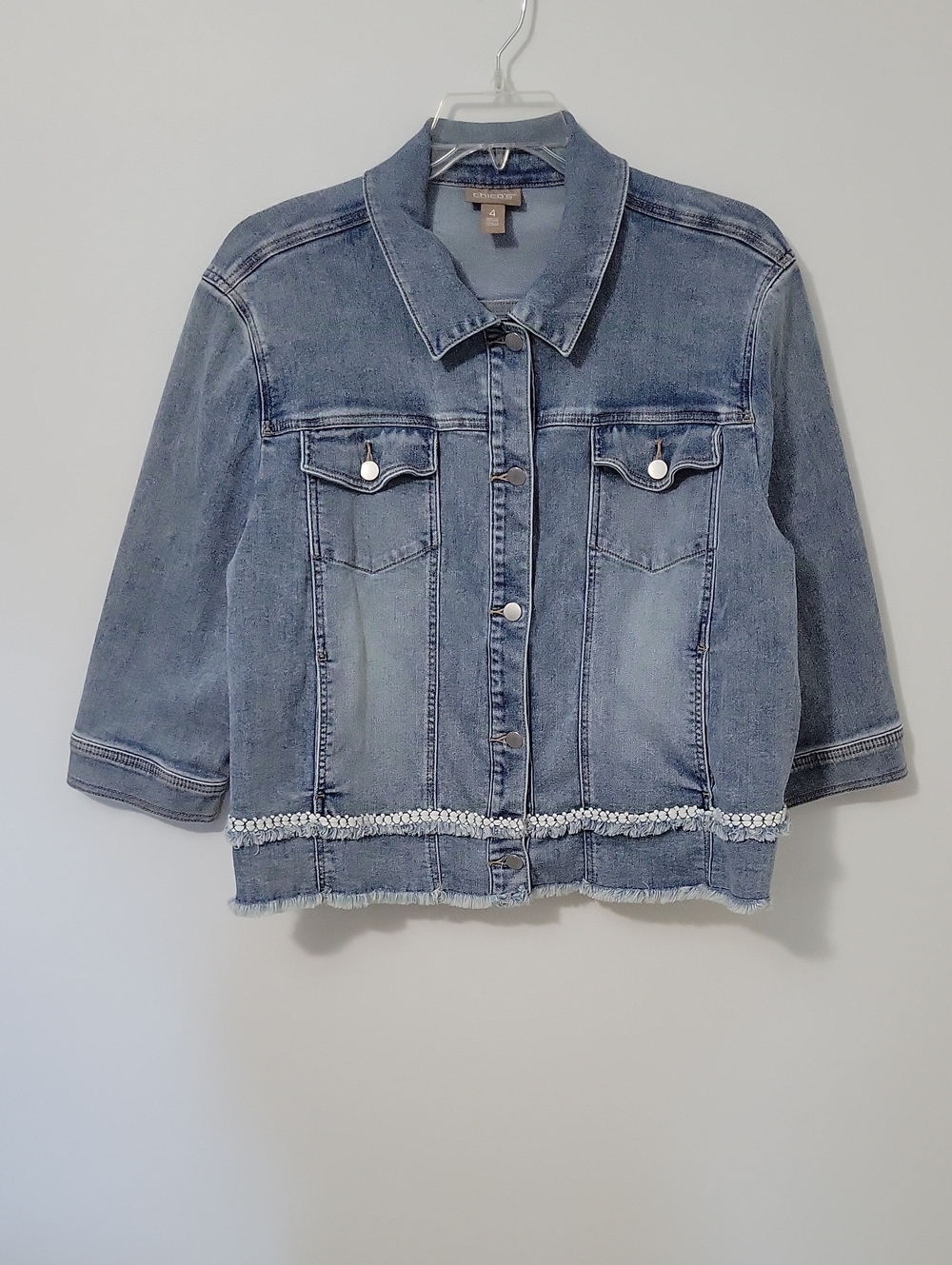 Chico's Light Blue Denim Jacket with Embellished Hem, Size 4